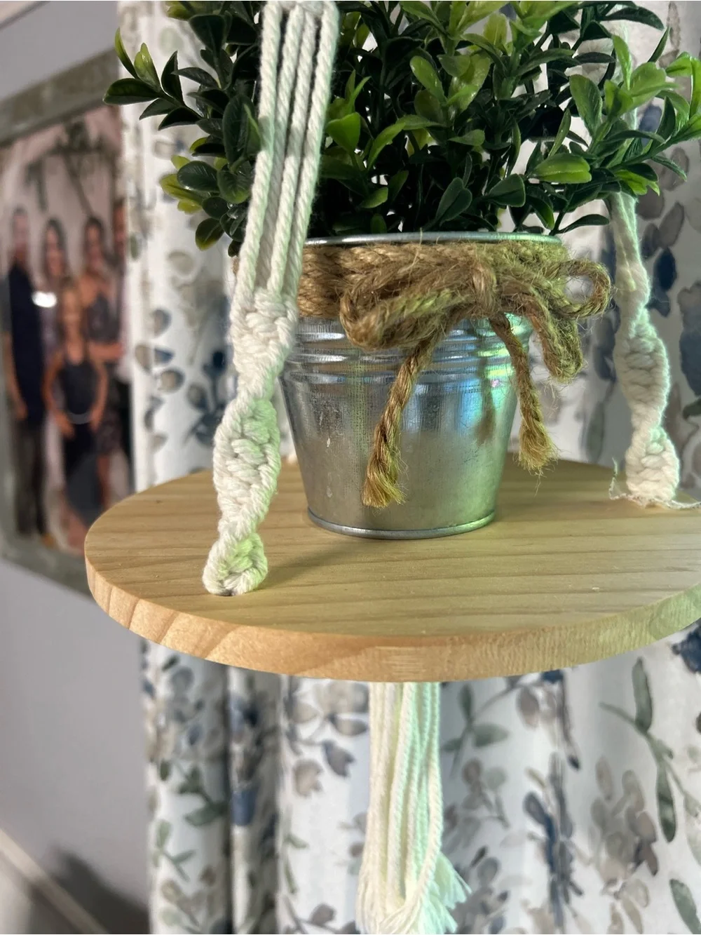 Hanging Macramé Plant Shelf with Wooden Base
